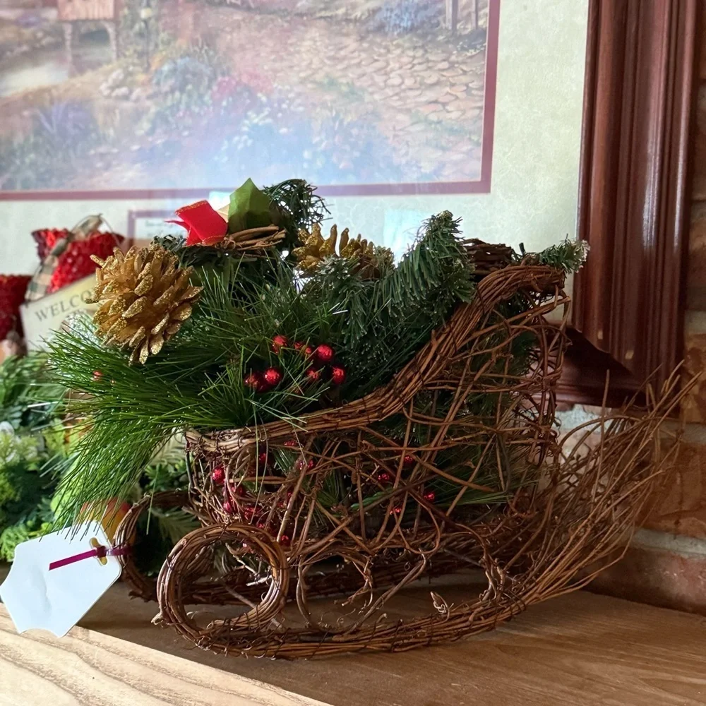 Vintage 1988 Holiday Decorative Wicker Sleigh with Greenery and Red Accents